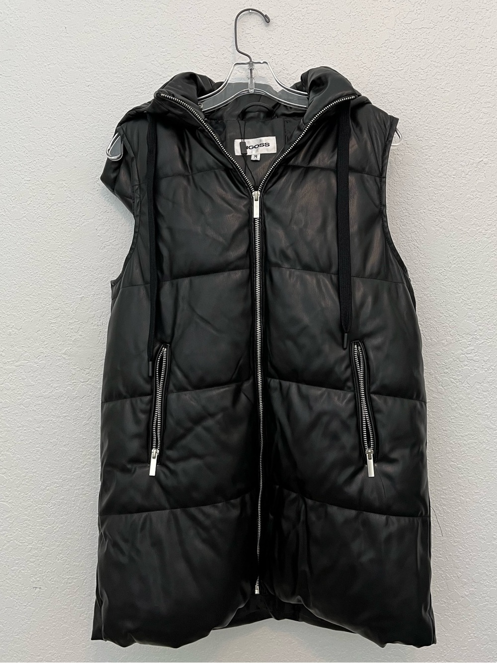Vigoss Black Quilted Hooded Faux Leather Medium Puffer Vest
